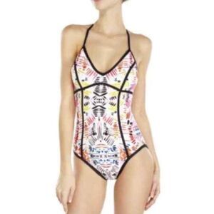Ivanka Trump Piped Brushstroke Black White Multi One Piece  Swimsuit